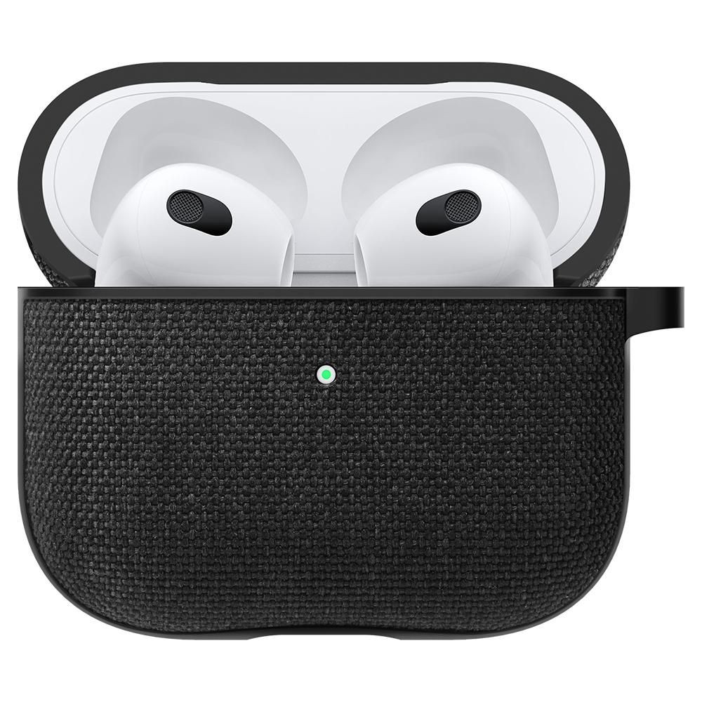 Bluetooth fülhallgató töltőtok tartó, műanyag tok, textil bevonat, vezeték nélküli töltés támogatás, karabiner, Apple AirPods 3 kompatibilis, Spigen Urban Fit, fekete termék 2. képe