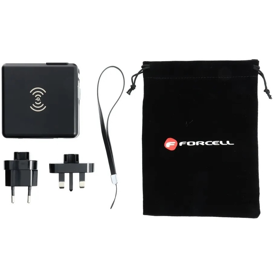 Hálózati töltő adapter + külső akkumulátor, 10000 mAh, 20W, USB aljzat, USB Type-C aljzat, beépített USB Type-C és Lightning kábellel, Vezeték nélküli töltővel, LED kijelzővel, Forcell, fekete termék 2. képe