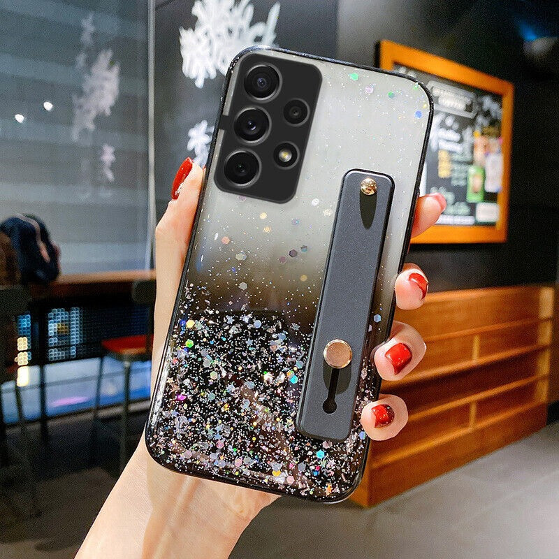 Xiaomi Redmi 9T, Szilikon tok, közepesen ütésálló, kézpánttal, színátmenetes, csillogó minta, Wooze Strap Star, mintás/fekete termék 2. képe