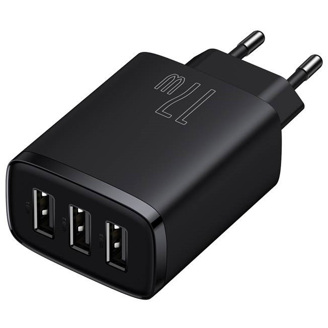 Hálózati töltő adapter, 17W, 3 x USB aljzat, gyorstöltés, Baseus Compact, fekete termék 2. képe