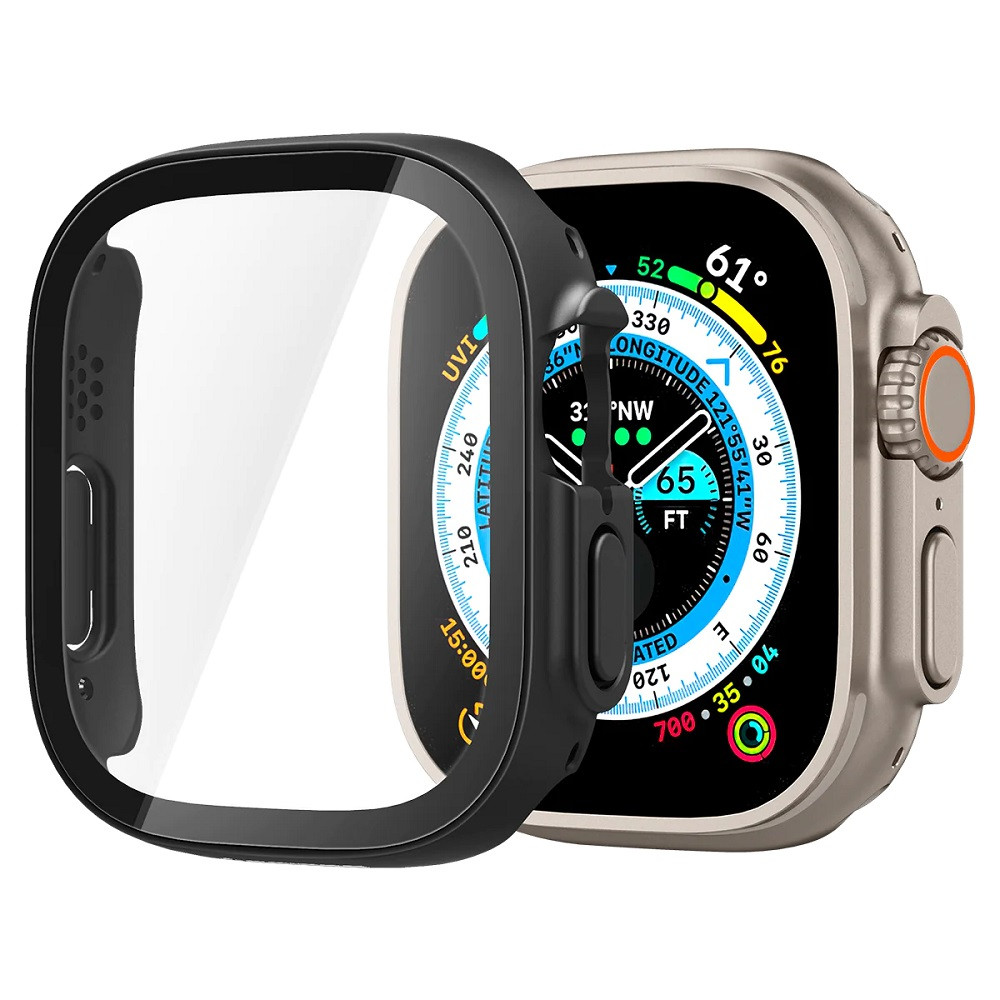 Apple Watch Ultra (49 mm), Műanyag védőkeret, 9H üveggel, szíj nélkül, Spigen Thin Fit 360, fekete termék 2. képe
