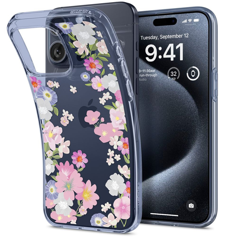 Apple iPhone 15 Pro, Szilikon tok, virág minta, Spigen Liquid Crystal, átlátszó termék 2. képe