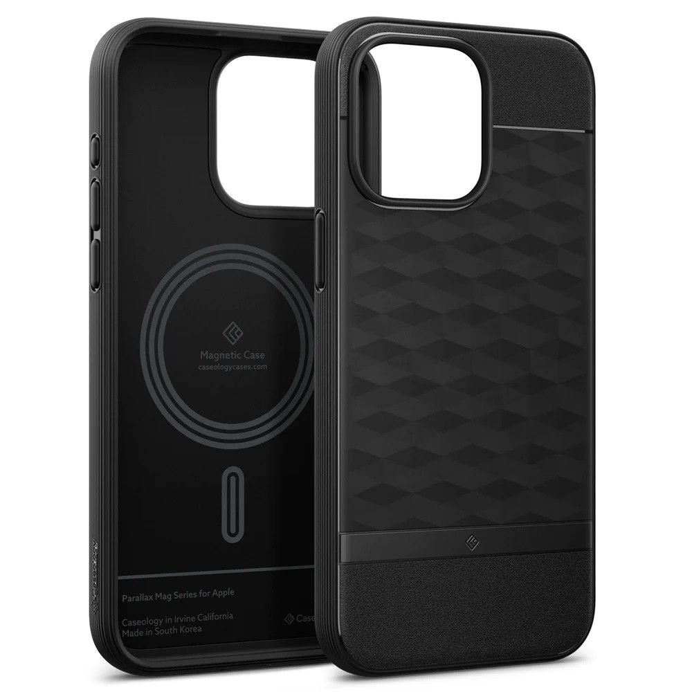 Apple iPhone 15 Pro Max, Szilikon tok + műanyag keret, közepesen ütésálló, Magsafe töltővel kompatibilis, 3D hatszög minta, Spigen Caseology Parallax Mag, fekete termék 2. képe