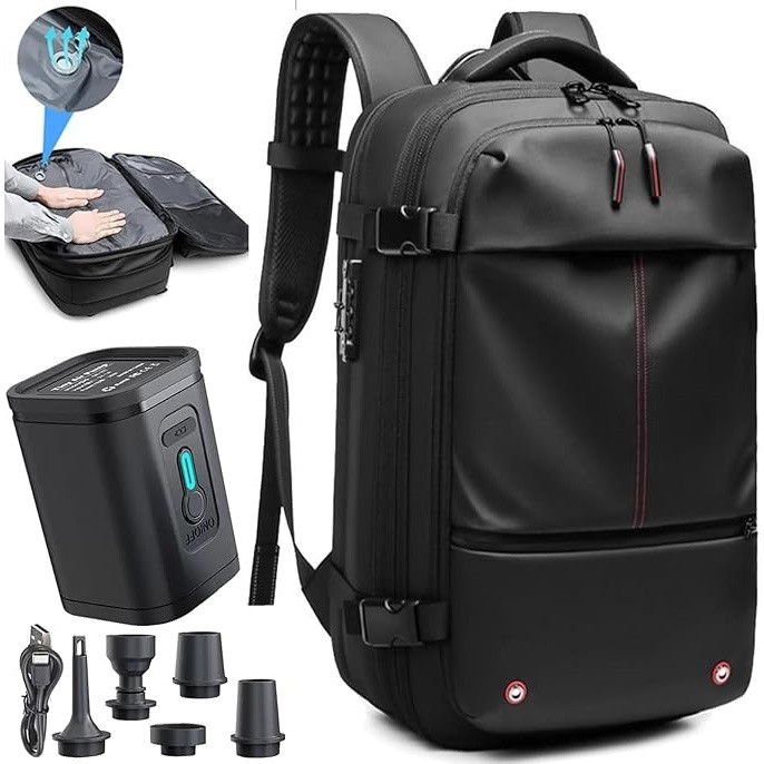 Vákuumos kompressziós hátizsák, utazótáska, 60 Liter kapacitás, vákuumszivattyúval, vízálló, légáteresztő, Wooze VacPack, fekete termék 2. képe