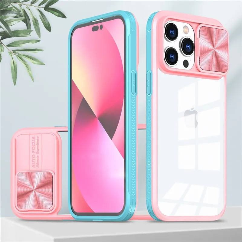 Apple iPhone 14, Műanyag hátlap + szilikon keret, átlátszó akril hátlap, kamera védelem, Wooze Trendy, rózsaszín/kék termék 2. képe