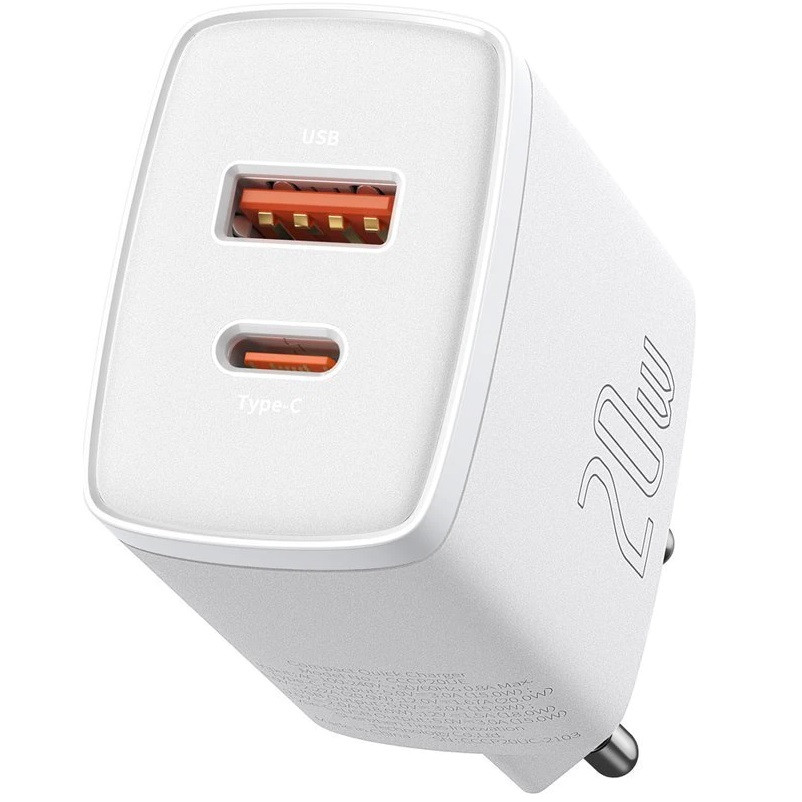 Hálózati töltő adapter, 20W, USB aljzat, USB Type-C aljzat, gyorstöltés, PD, QC 3.0, Baseus CCXJ-B02, fehér akciós termékkép 1