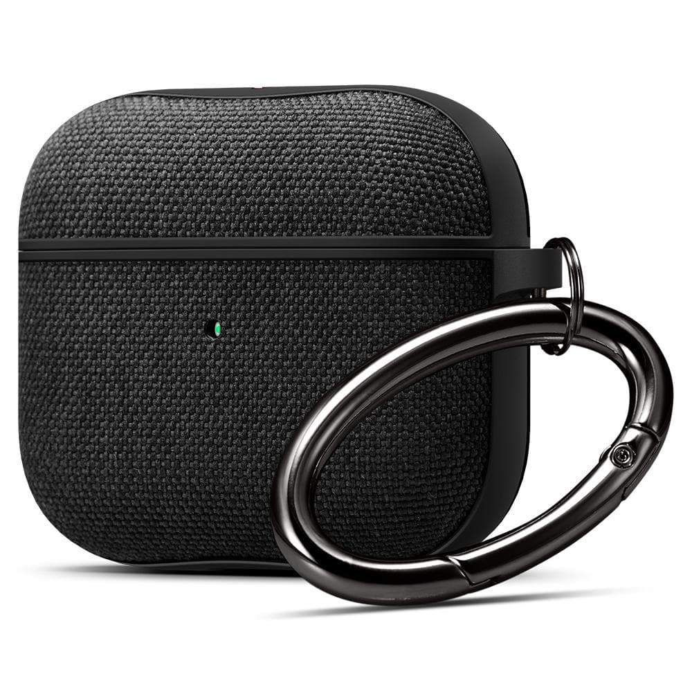 Bluetooth fülhallgató töltőtok tartó, műanyag tok, textil bevonat, vezeték nélküli töltés támogatás, karabiner, Apple AirPods 3 kompatibilis, Spigen Urban Fit, fekete akciós termékkép 1