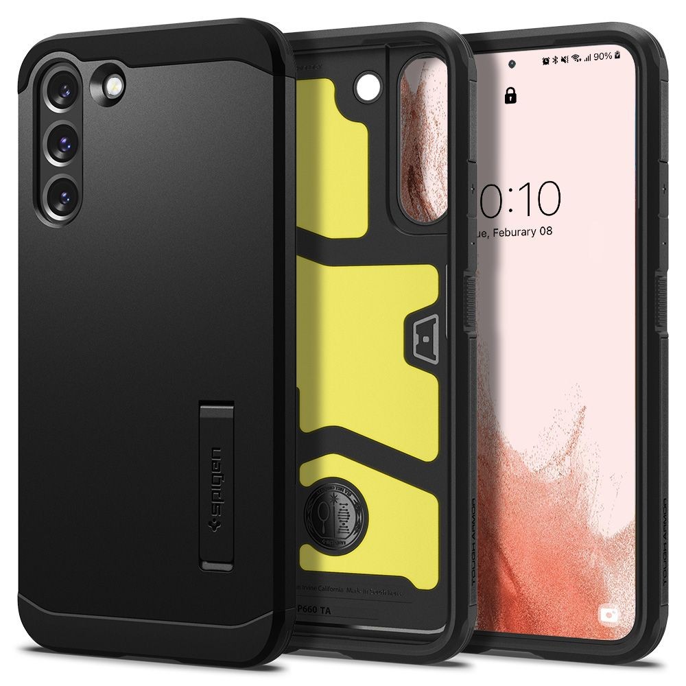 Samsung Galaxy S22 5G SM-S901, Szilikon tok + műanyag hátlap, kitámasztóval, Spigen Tough Armor, fekete akciós termékkép 1
