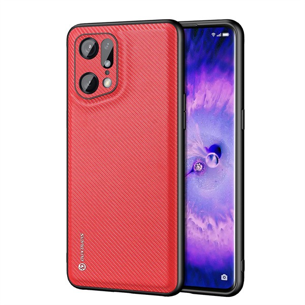 Oppo Find X5 Pro, Műanyag hátlap védőtok + szilikon keret, fényvisszaverő szövet hátlap, rács minta, Dux Ducis Fino, piros akciós termékkép 1