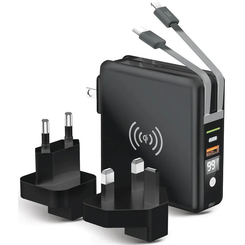 Hálózati töltő adapter + külső akkumulátor, 10000 mAh, 20W, USB aljzat, USB Type-C aljzat, beépített USB Type-C és Lightning kábellel, Vezeték nélküli töltővel, LED kijelzővel, Forcell, fekete akciós termékkép 1