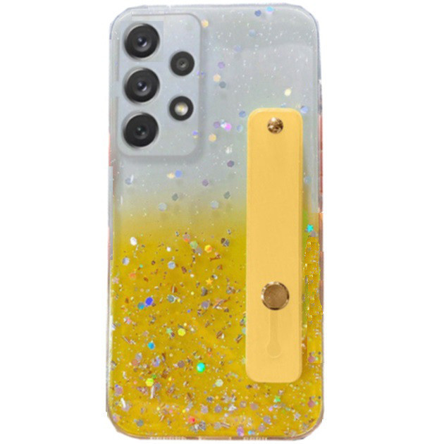 Apple iPhone 13 Mini, Szilikon tok, közepesen ütésálló, kézpánttal, színátmenetes, csillogó minta, Wooze Strap Star, mintás/sárga akciós termékkép 1