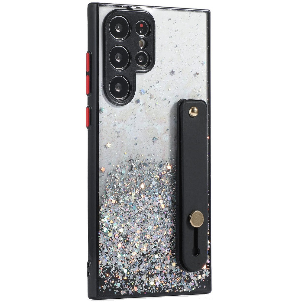 Apple iPhone 13 Pro, Szilikon tok, közepesen ütésálló, kézpánttal, színátmenetes, csillogó minta, Wooze Strap Star, mintás/fekete akciós termékkép 1