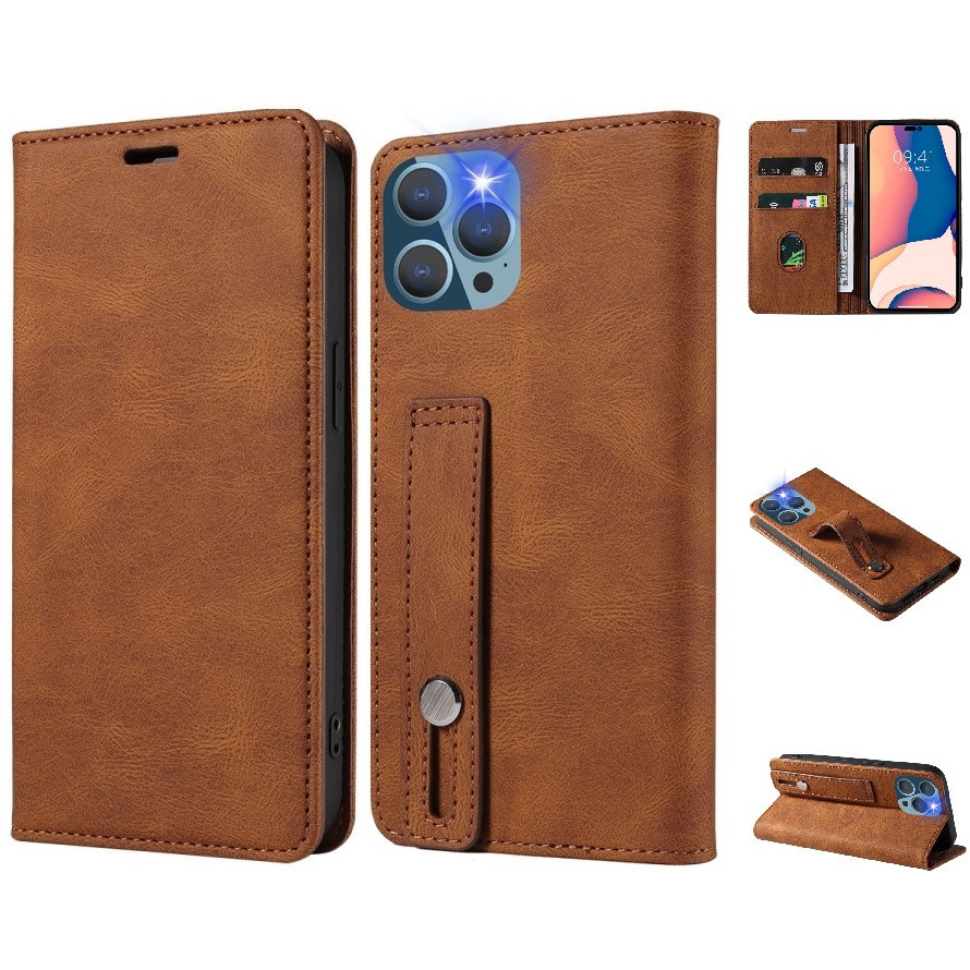 Oppo A16 / A16s / A54s / A56 5G, Oldalra nyíló tok, stand, kártyatartóval, kézpánttal, Wooze Business Plus, barna akciós termékkép 1