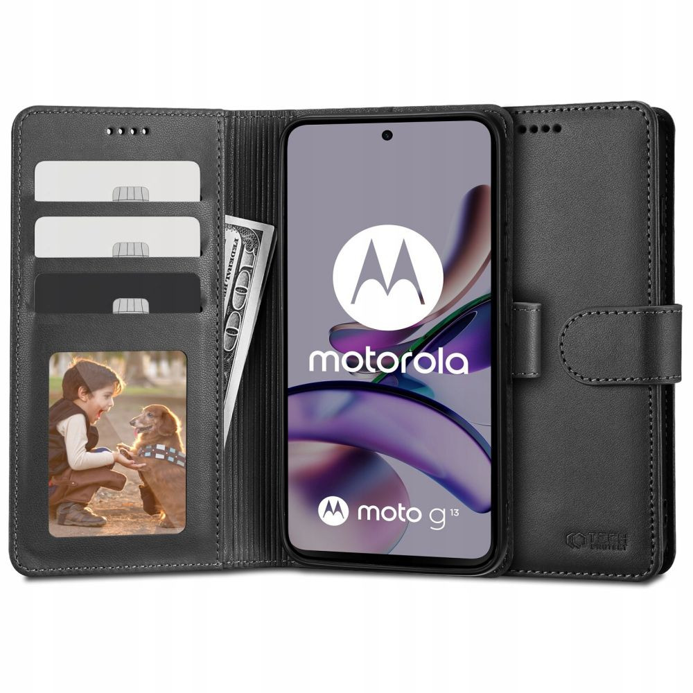 Motorola Moto G13 / G23 / G53, Oldalra nyíló tok, stand, mágnes csattal, TP Wallett, fekete akciós termékkép 1