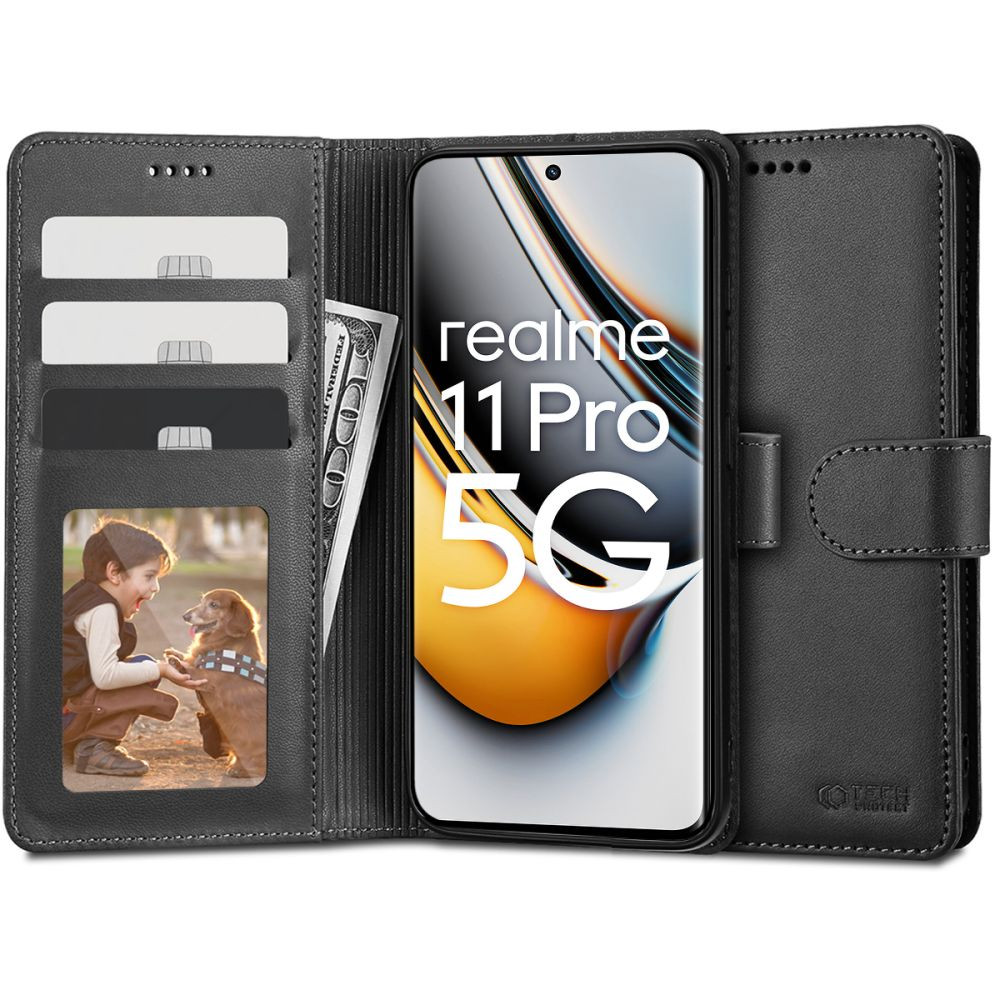 Realme 11 Pro / 11 Pro Plus, Oldalra nyíló tok, stand, mágnes csattal, TP Wallett, fekete akciós termékkép 1