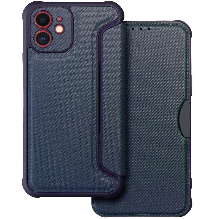 Xiaomi Redmi Note 12S, Oldalra nyíló tok, légpárnás sarok, bőrhatású, karbon minta, Razor Book, kék akciós termékkép 1