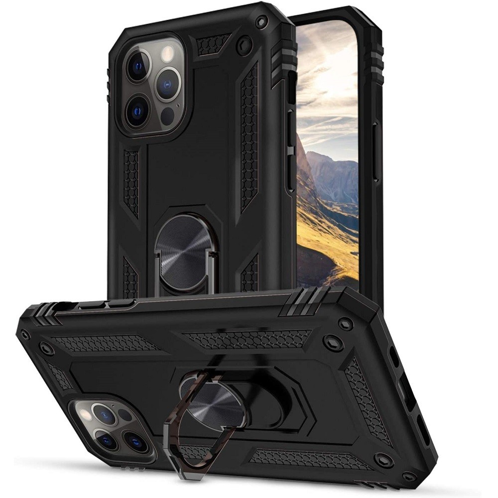 Samsung Galaxy M21 SM-M215F, Műanyag hátlap védőtok, közepesen ütésálló, szilikon belső, telefontartó gyűrű, Defender, fekete akciós termékkép 1