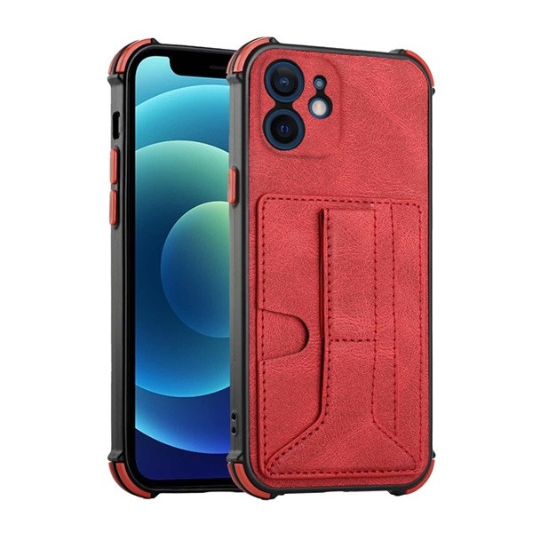 Apple iPhone 12 Mini, Szilikon tok, közepesen ütésálló, stand, bőrhatású hátlap, kártyatartóval, kézpánttal, piros akciós termékkép 1