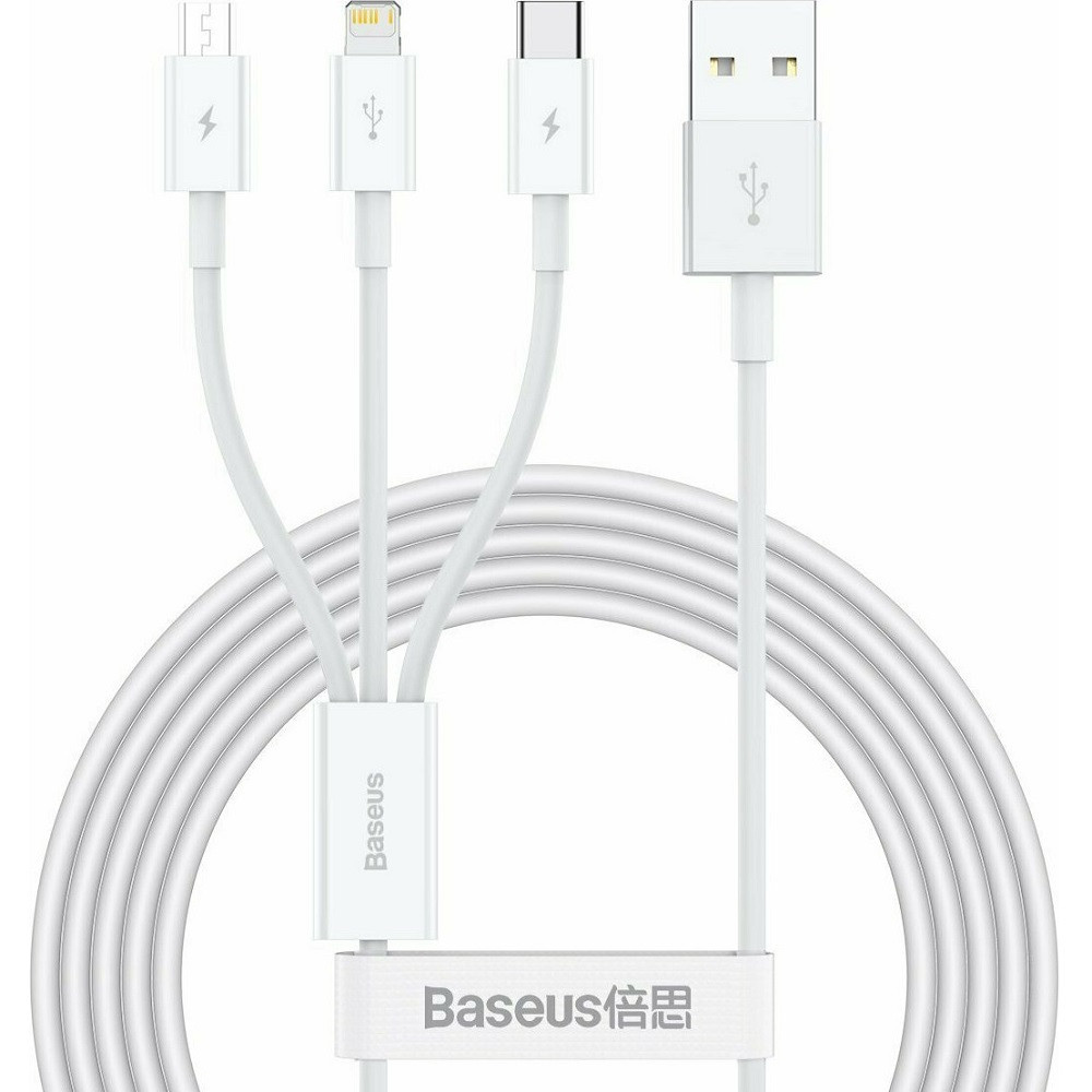 USB töltő- és adatkábel 3in1, USB Type-C, Lightning, microUSB, 150 cm, 3500 mA, törésgátlóval, gyorstöltés, Baseus Superior, CAMLTYS-02, fehér akciós termékkép 1