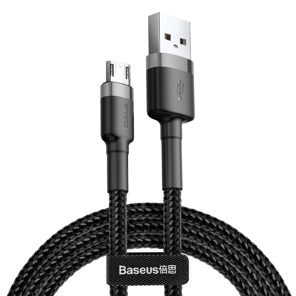 USB töltő- és adatkábel, microUSB, 300 cm, 2000 mA, törésgátlóval, cipőfűző minta, Baseus Cafule, CAMKLF-HG1, fekete/szürke akciós termékkép 1