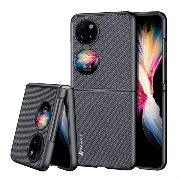 Huawei P50 Pocket, Műanyag hátlap védőtok + szilikon keret, fényvisszaverő szövet hátlap, rács minta, Dux Ducis Fino, fekete akciós termékkép 1