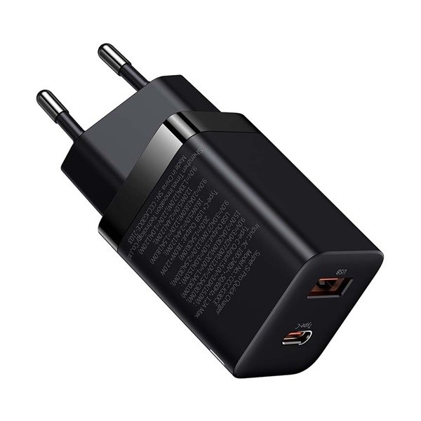 Hálózati töltő adapter, 30W, USB aljzat, USB Type-C aljzat, gyorstöltés, PD 3.0, QC 3.0, Baseus Super SI Pro, fekete akciós termékkép 1