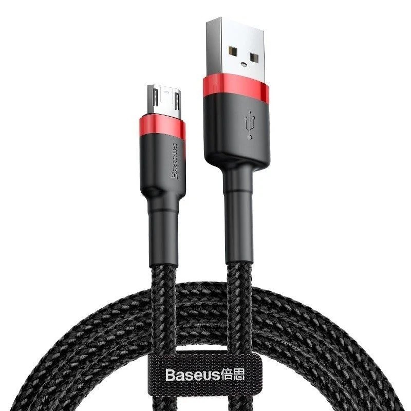 USB töltő- és adatkábel, microUSB, 100 cm, 2400 mA, törésgátlóval, cipőfűző minta, Baseus Cafule, CAMKLF-B91, fekete/piros akciós termékkép 1