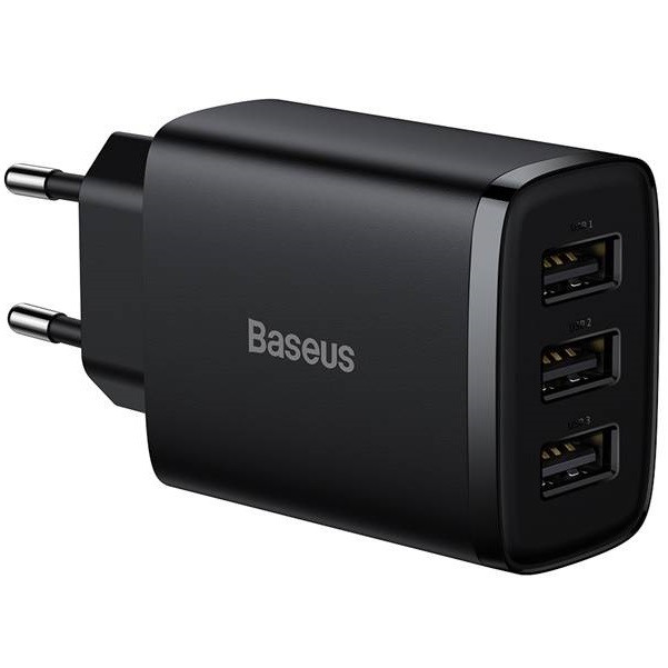 Hálózati töltő adapter, 17W, 3 x USB aljzat, gyorstöltés, Baseus Compact, fekete akciós termékkép 1