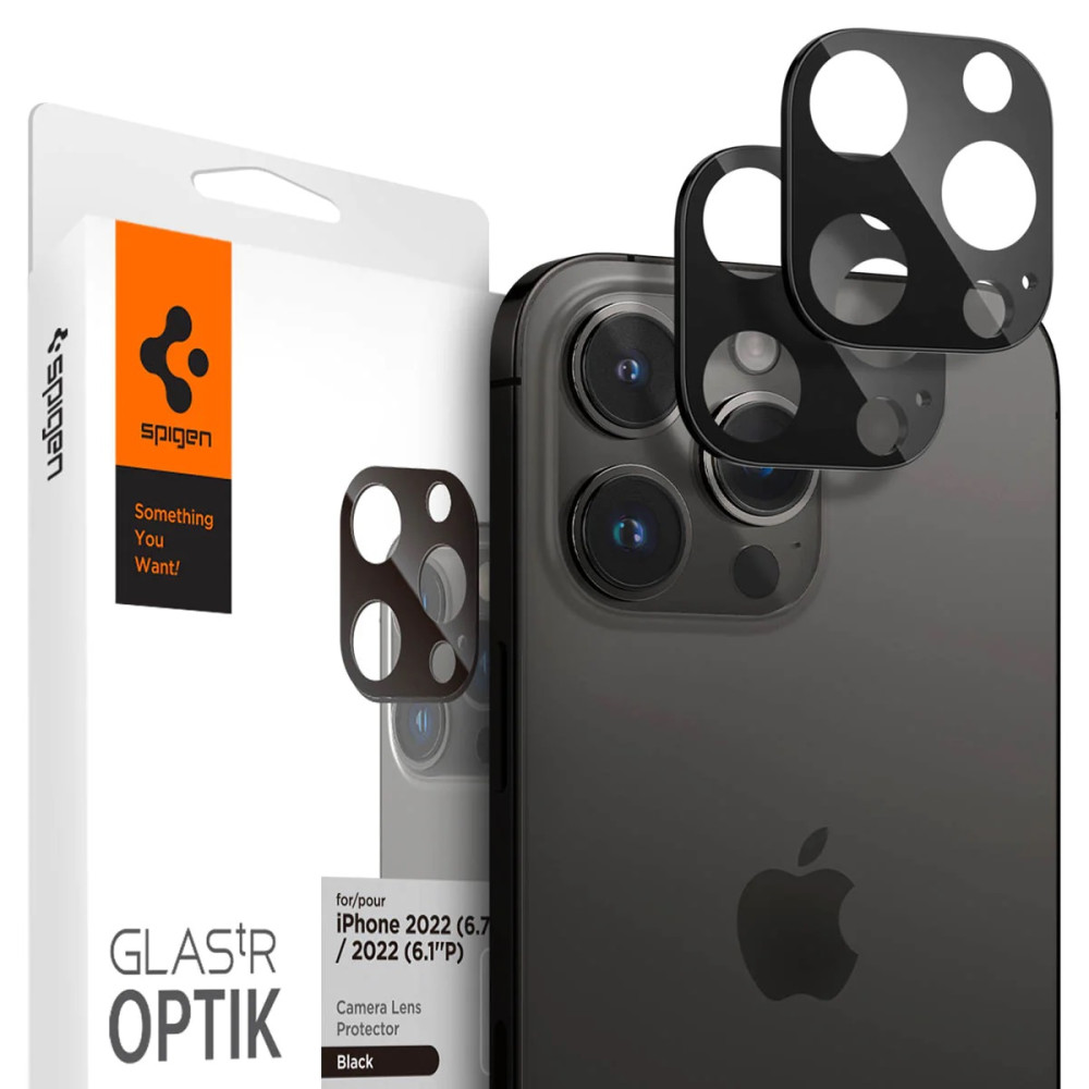 Apple iPhone 14 Pro / 14 Pro Max, Kamera lencsevédő fólia, ütésálló fólia, Tempered Glass (edzett üveg), Spigen Glastr Optik, fekete, 2 db / csomag akciós termékkép 1