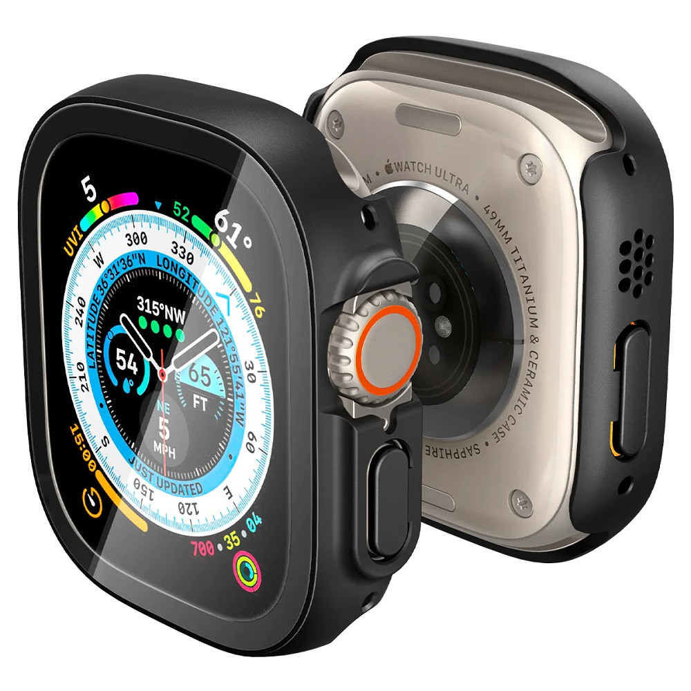Apple Watch Ultra (49 mm), Műanyag védőkeret, 9H üveggel, szíj nélkül, Spigen Thin Fit 360, fekete akciós termékkép 1