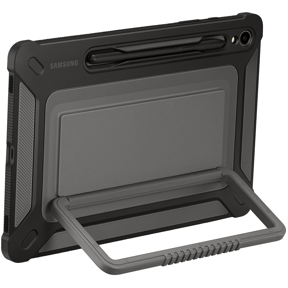 Samsung Galaxy Tab S9 11.0 SM-X710 / X716B, Műanyag hátlap védőtok, dupla rétegű, gumírozott, érintőceruza tartó, stand, Kézi fogantyúval, Samsung OutDoor Cover, fekete, gyári akciós termékkép 1