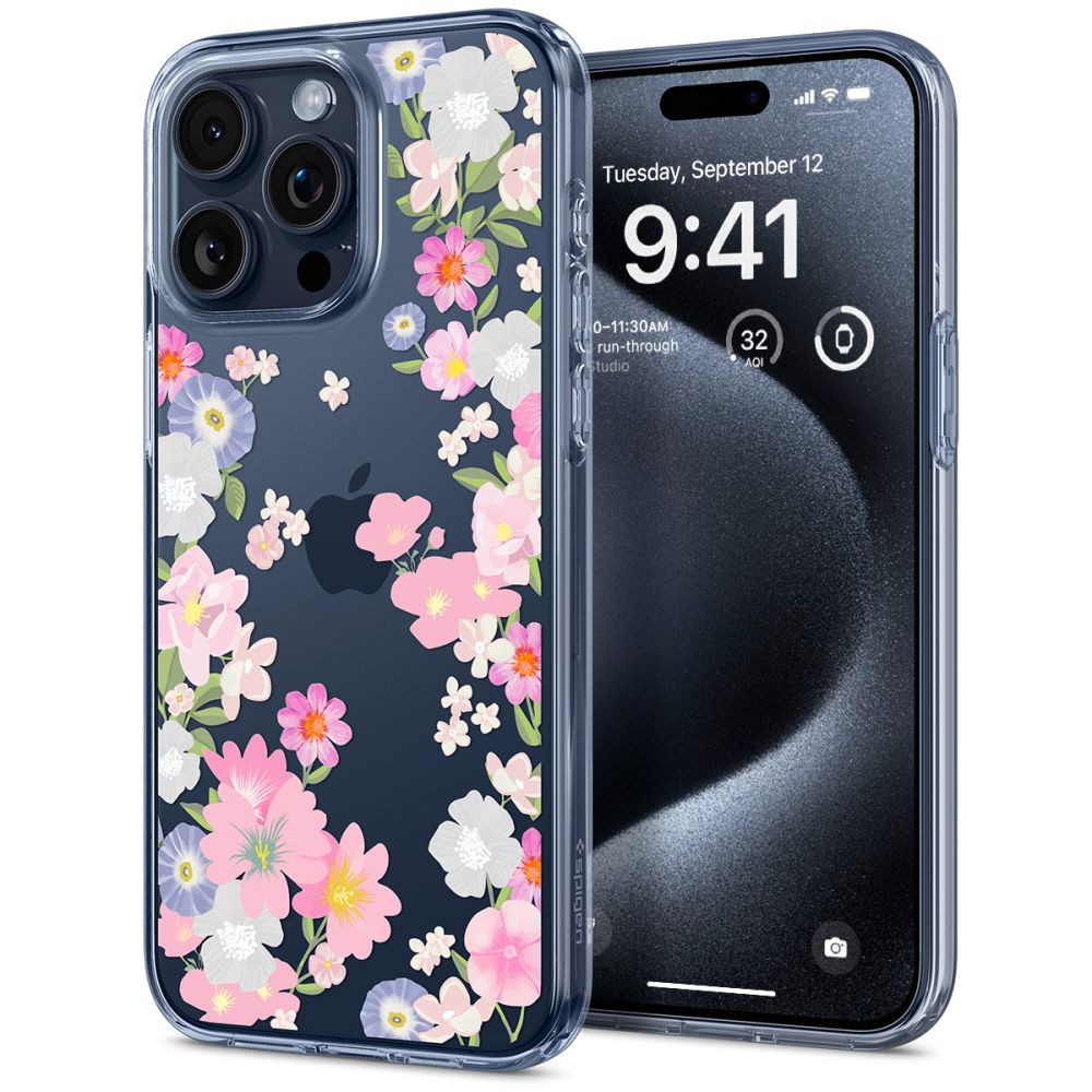Apple iPhone 15 Pro, Szilikon tok, virág minta, Spigen Liquid Crystal, átlátszó akciós termékkép 1