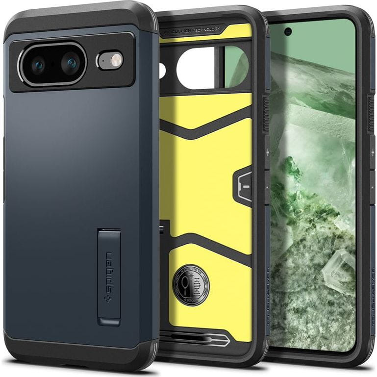 Google Pixel 8, Szilikon tok + műanyag hátlap, kitámasztóval, Spigen Tough Armor, sötétkék akciós termékkép 1