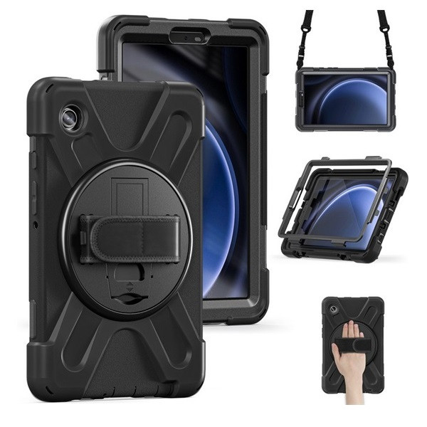 Samsung Galaxy Tab A9 (8.7) SM-X110 / X115, Műanyag hátlap védőtok, szilikon belső, kitámasztóval, kézpánt, vállpánt, Defender, fekete akciós termékkép 1
