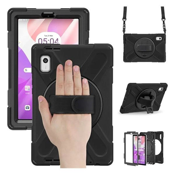 Lenovo Tab M9 (9.0) TB-310, Műanyag hátlap védőtok, szilikon belső, kitámasztóval, kézpánt, vállpánt, Defender, fekete akciós termékkép 1