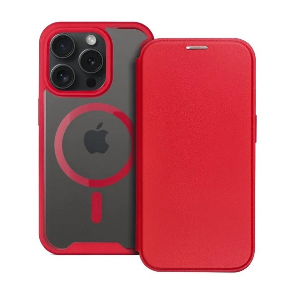 Apple iPhone 15 Pro, Oldalra nyíló tok, kártyatartóval, átlátszó hátlap, Magsafe kompatibilis, Smart Mag, piros akciós termékkép 1
