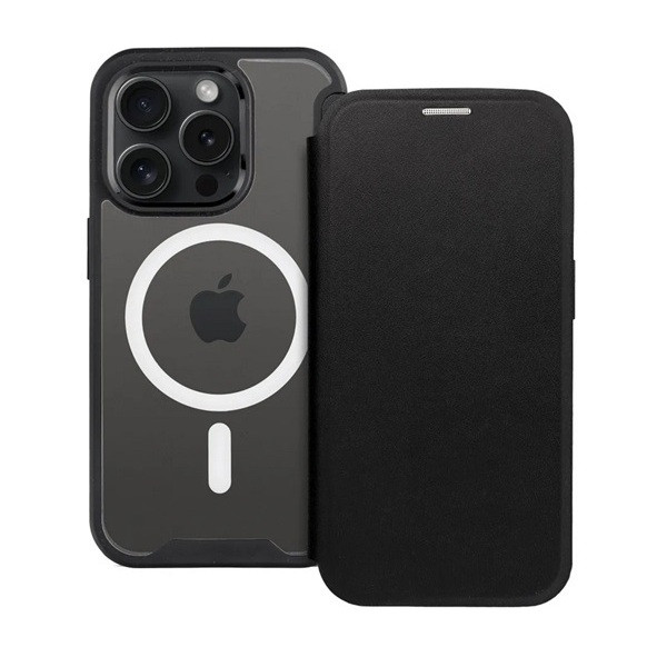 Apple iPhone 14 Pro, Oldalra nyíló tok, kártyatartóval, átlátszó hátlap, Magsafe kompatibilis, Smart Mag, fekete akciós termékkép 1