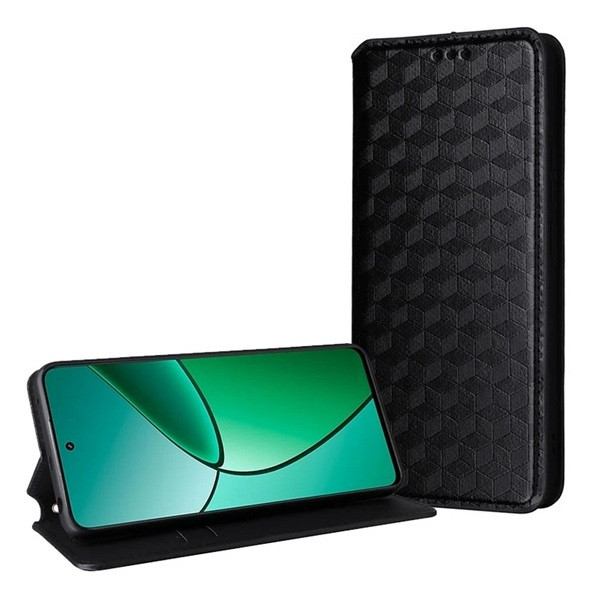 Oppo Reno12, Oldalra nyíló tok, bőrhatású, stand, Teljes 3D rombusz minta, prémium, fekete akciós termékkép 1