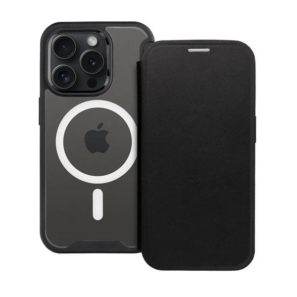 Apple iPhone 15 Plus, Oldalra nyíló tok, kártyatartóval, átlátszó hátlap, Magsafe kompatibilis, Smart Mag, fekete akciós termékkép 1