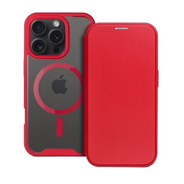 Apple iPhone 16 Pro, Oldalra nyíló tok, kártyatartóval, átlátszó hátlap, Magsafe kompatibilis, Smart Mag, piros akciós termékkép 1