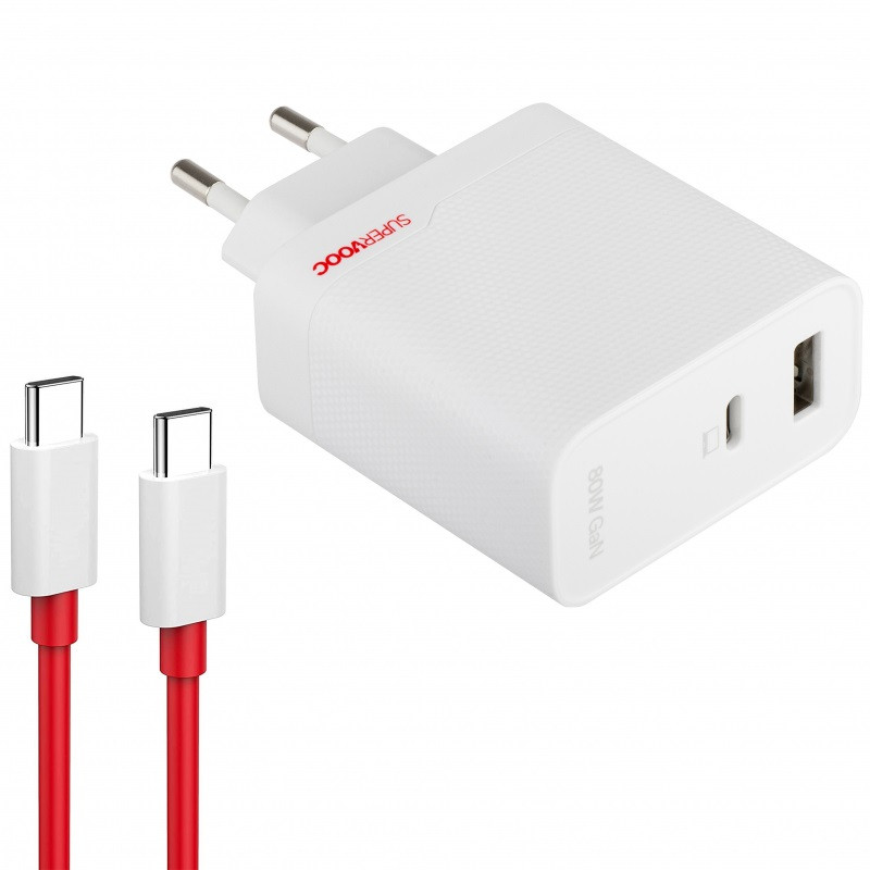 Hálózati töltő adapter, 80W, USB aljzat, USB Type-C aljzat, USB Type-C - USB Type-C kábellel, gyorstöltés, PD, QC, PPS, GaN, OnePlus SuperVooc, fehér, gyári akciós termékkép 1