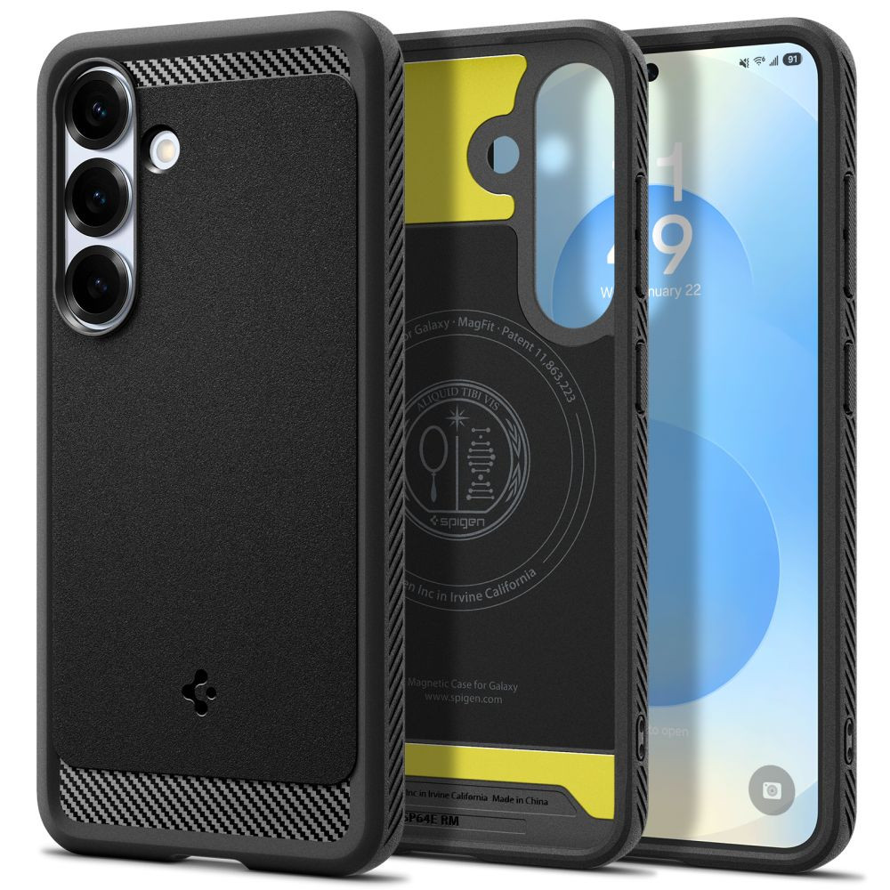 Samsung Galaxy S25 SM-S931, Szilikon tok + műanyag hátlap, közepesen ütésálló, Magsafe töltővel kompatibilis, karbon minta, Spigen Rugged Armor Mag, fekete akciós termékkép 1