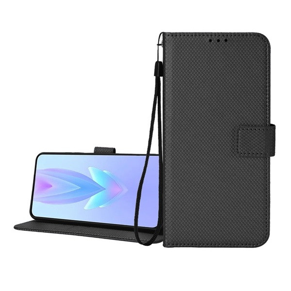 Realme GT7 Pro, Oldalra nyíló tok, stand, rombusz minta, csatos, kézpánttal, fekete akciós termékkép 1
