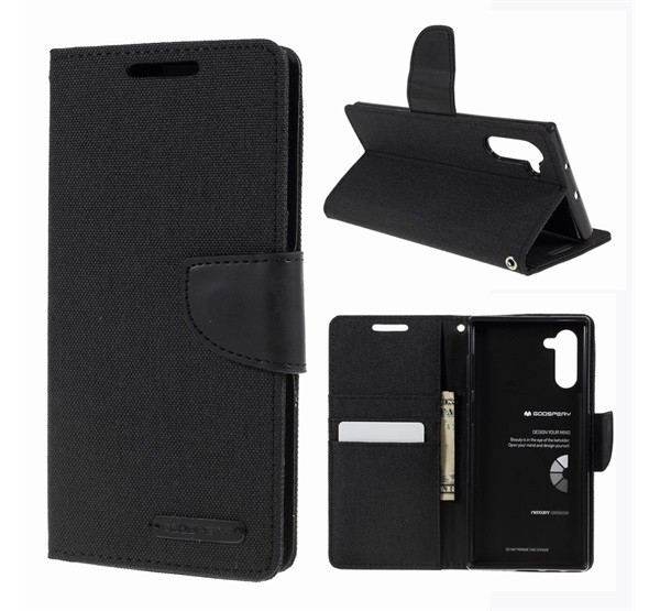 Samsung Galaxy Note 10 / 10 5G SM-N970 / N971, Oldalra nyíló tok, stand, Mercury Canvas Diary, textil hatás, fekete akciós termékkép 1