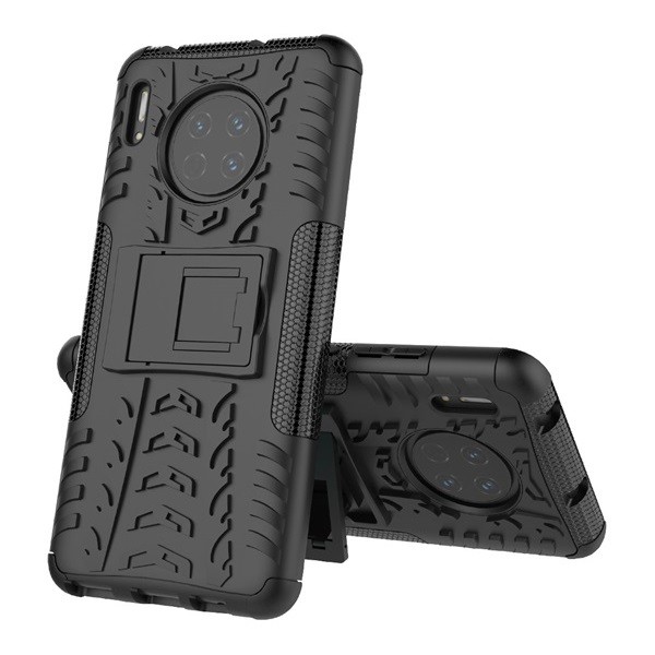Huawei Mate 30 / 30 5G, Műanyag hátlap védőtok, Defender, kitámasztóval és szilikon belsővel, autógumi minta, fekete akciós termékkép 1