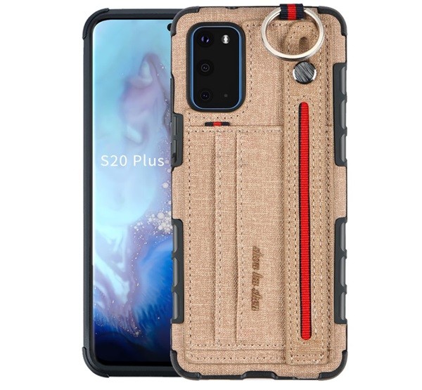 Samsung Galaxy S20 / S20 5G SM-G980 / G981, Szilikon tok, közepesen ütésálló, stand, textil hátlap, felakasztható, kézpánttal, világosbarna akciós termékkép 1