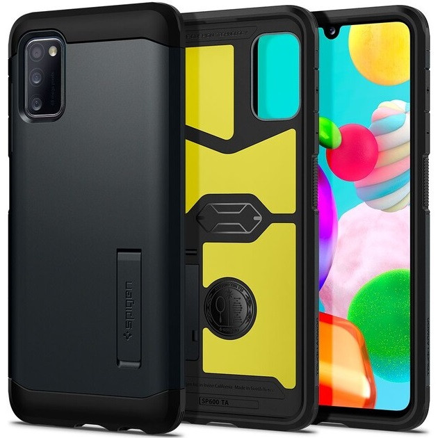 Samsung Galaxy A41 SM-A415F, Szilikon tok + műanyag hátlap, kitámasztóval, Spigen Tough Armor, fekete akciós termékkép 1