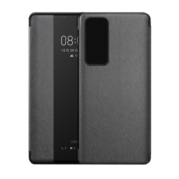 Huawei P40, Oldalra nyíló tok, bőrhatású, hívás mutatós, textil minta, View Window, fekete akciós termékkép 1
