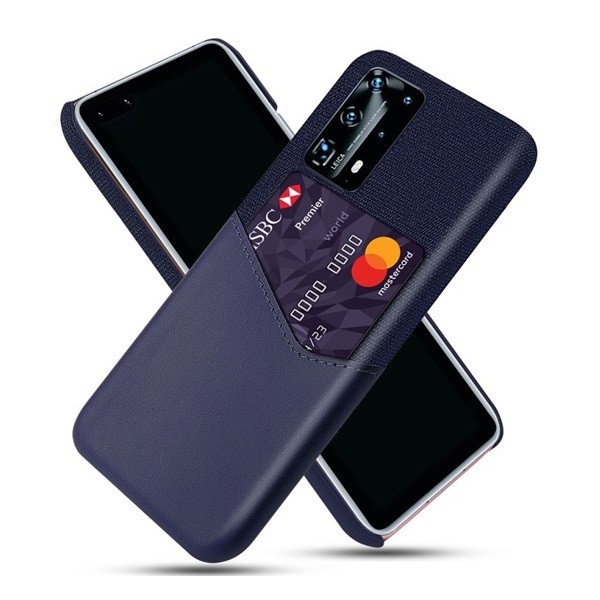 Huawei P40 Pro, Műanyag hátlap védőtok, közepesen ütésálló, textil bevonat, bőrhatású hátlap, kártyatartóval, sötétkék akciós termékkép 1