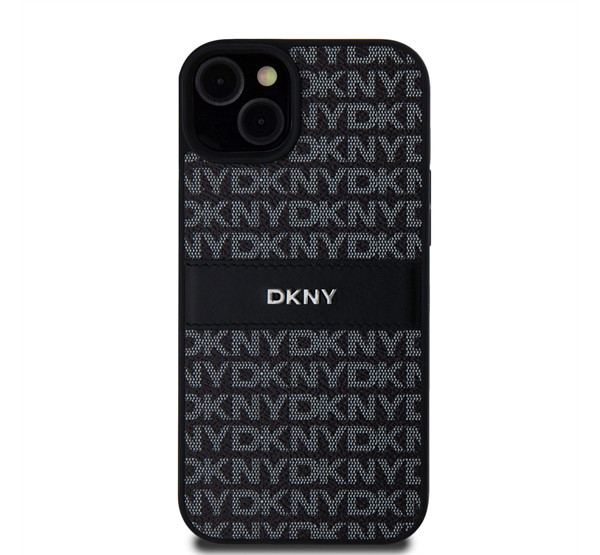 DKNY PU Leather Repeat Pattern Tonal Stripe Apple iPhone 15 Plus hátlap tok, fekete akciós termékkép 1